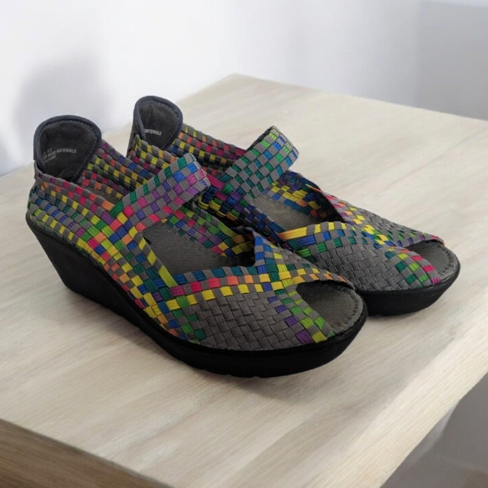 Steve Madden Brynn Women's Size 8.5 Woven Wedge Sandals Rainbow Peep Toe Gray